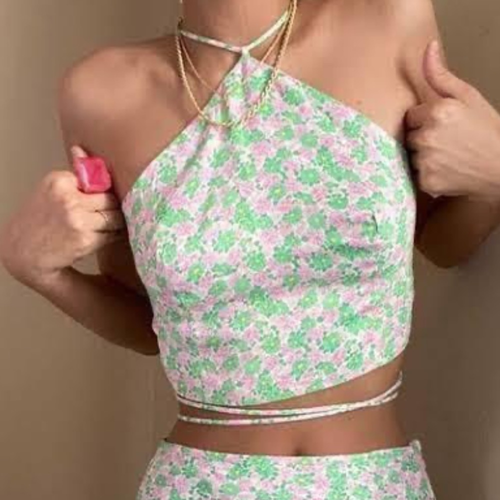 y2k silky floral halter top